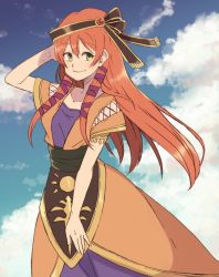 1girl breasts chrono_cross closed_mouth cloud dress green_eyes long_hair looking_at_viewer orange_hair leena_(chrono_cross) smile solo tekutonbo