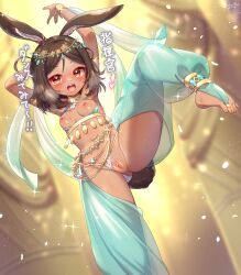 1girl animal_ears armpits arms_up azur_lane breasts brown_eyes brown_hair censored clothing_aside crotchless dancer dancing dark-skinned_female dark_skin harem_outfit harem_pants highres i-26_(azur_lane) jewelry leg_up loli navel nipples open_mouth panties panties_aside pants pussy rabbit_ears rabbit_tail short_hair small_breasts smile solo standing standing_on_one_leg tail underwear variant_set yufukiri