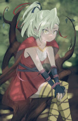 1girl absurdres deathpolca demons_roots dress flat_chest gloves green_hair hanyunzhou233 highres long_hair looking_at_viewer pointy_ears ponytail red_dress short_dress sitting smile solo striped_clothes striped_thighhighs thighhighs tree yellow_eyes zettai_ryouiki