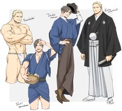 Rule 34 | 2boys, abs, bara, basket, blonde hair, blue eyes, blue kimono, brown hair, closed mouth, crossed arms, folding fan, food, fundoshi, hand fan, haori, hat, holding, holding basket, holding unworn clothes, holding unworn hat, jack krauser, japanese clothes, kimono, large pectorals, leon s. kennedy, looking at viewer, male focus, multiple boys, muscular, muscular male, navel, open mouth, pectorals, resident evil, resident evil: the darkside chronicles, resident evil 4, short hair, smile, tatsumi (psmhbpiuczn), thighs, unworn hat, unworn headwear, yukata