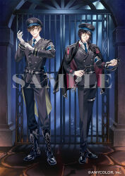 2boys adjusting_clothes adjusting_gloves armband baton_(weapon) belt black_belt black_boots black_coat black_hair black_hat black_jacket black_pants black_shoes blue_armband blue_necktie boots brown_hair buttons closed_mouth coat collar_chain_(jewelry) collared_shirt copyright_notice double-breasted full_body glove_pull gloves green_eyes hair_between_eyes hair_over_one_eye hair_over_shoulder hat holding holding_whip iron_bars jacket jacket_on_shoulders key keyring lace-up_boots lapel_pin light_smile long_sleeves looking_at_viewer low_ponytail male_focus manomenou medal medium_hair military_uniform mole mole_under_eye monocle multiple_boys necktie nijisanji official_art oliver_evans pants peaked_cap police police_uniform ponytail prison prison_cell sample_watermark serious shellin_burgundy shirt shoes short_hair sleeve_cuffs standing stone_floor tailcoat thigh_strap two-sided_fabric two-sided_jacket virtual_youtuber wallet_chain watermark weapon white_gloves white_shirt yellow_eyes