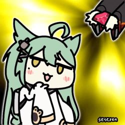 1girl ahoge akashi_(azur_lane) animal_ears animated azur_lane blush cat_ears dress gem giving green_hair hair_between_eyes hair_ornament long_hair long_sleeves lowres making-of_available open_mouth seseren shiranui_(azur_lane) signature sleeves_past_wrists smile solo ugoira video white_dress yellow_eyes