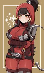 1girl :t arm_blade arm_under_breasts belt black_hair blush bodysuit breasts cowboy_shot dual_wielding eyelashes facial_mark hair_through_headwear high_ponytail highres holding holding_sickle holding_weapon hood hood_up large_breasts long_hair multiple_belts nintendo ponytail red_bodysuit sickle sidelocks solo sung08ko sweatdrop the_legend_of_zelda the_legend_of_zelda:_breath_of_the_wild the_legend_of_zelda:_tears_of_the_kingdom weapon yellow_eyes yiga_clan yiga_clan_footsoldier