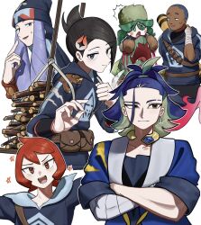 Rule 34 | 3boys, 3girls, :d, adaman (pokemon), arezu (pokemon), black hair, blue hair, blush stickers, brown bag, brown eyes, brown mittens, collarbone, commentary, dark-skinned male, dark skin, diamond clan outfit, earrings, eyebrow cut, fur hat, glint, green hair, green hat, hair ornament, hand up, hat, highres, hood, hood down, hooded jacket, iscan (pokemon), jacket, jewelry, loose hair strand, mai (pokemon), melli (pokemon), mittens, multicolored hair, multiple boys, multiple girls, neck ring, nintendo, open mouth, pokemon, pokemon legends: arceus, purple hair, red hair, sabi (pokemon), shirt, smile, star (symbol), sweatdrop, symbol-only commentary, teeth, tongue, umebosi nigame, upper teeth only