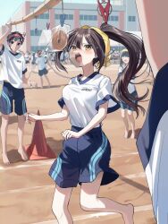 6+boys 6+girls barefoot black_hair blue_shorts blush bouncing_breasts bread_eating_race breasts brown_eyes building clothes_pull commentary_request day gym_shirt gym_shorts gym_uniform hair_between_eyes hairband highres long_hair medium_breasts multiple_boys multiple_girls open_mouth original outdoors pentagon_(railgun_ky1206) ponytail red_hairband shirt short_sleeves shorts traffic_cone very_long_hair white_shirt yellow_hairband