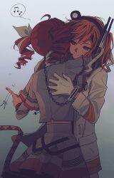 2girls a.i._voice adachi_rei ahoge black_hairband black_sleeve_cuffs bow cuffs drill_hair from_behind gloves gradient_background grey_background grey_jacket grey_skirt hair_bow hair_ribbon hairband handcuffs headlamp index_finger_raised jacket kasane_teto kasane_teto_(sv) key kimmy6710223 layered_sleeves long_sleeves looking_at_another looking_to_the_side midriff_peek multiple_girls musical_note musical_staff musical_staff_print orange_hair radio red_hair red_nails red_skirt ribbon side_ponytail simple_background skirt skirt_set smile spoken_musical_note striped_clothes striped_jacket striped_skirt synthesizer_v twin_drills utau very_long_sleeves white_bow white_gloves white_ribbon yuri