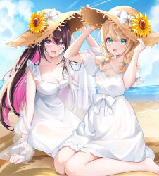 2girls :d alternate_costume aqua_eyes azki_(hololive) barefoot beach black_hair blonde_hair blue_sky braid breasts cleavage cloud colored_inner_hair commentary_request content_rating criss-cross_straps cumulonimbus_cloud day double-parted_bangs dress flower frilled_dress frills hair_over_shoulder hat hat_flower highres hololive kazama_iroha large_breasts long_hair looking_at_viewer low_twin_braids medium_hair miyagi_ratona multicolored_hair multiple_girls ocean off-shoulder_dress off_shoulder open_mouth pink_hair purple_eyes single_sidelock sitting sky sleeveless sleeveless_dress small_breasts smile straw_hat sun_hat sunflower twin_braids very_long_hair virtual_youtuber white_dress