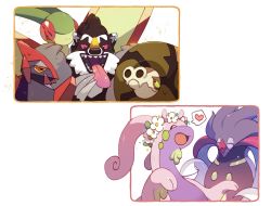 closed_eyes closed_mouth commentary flower flygon gen_3_pokemon gen_5_pokemon gen_6_pokemon gen_8_pokemon gigalith goodra heart highres malamar nintendo no_humans obstagoon open_mouth pokemon pokemon_(creature) sandaconda sharp_teeth smile spoken_heart sweatdrop teeth tongue tongue_out white_flower zigzagdb
