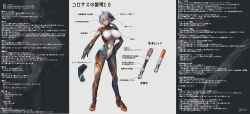 1girl absurdres blue_hair bodysuit breasts character_profile chinese_text colossus_(natsukaze_shigure) covered_erect_nipples covered_navel dark_skin english_text full_body giant giantess gloves hair_ornament hand_on_own_hip headgear high_heels highres impossible_bodysuit impossible_clothes large_breasts looking_at_viewer natsukaze_shigure original science_fiction short_hair skin_tight solo standing white_bodysuit yellow_eyes