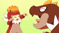 1girl ^_^ animal_costume animal_hood arms_up blush bonnie_(pokemon) child claw_pose closed_eyes cosplay dinosaur fang flat_chest gen_6_pokemon gradient_background green_background happy hood hood_up long_sleeves nintendo open_mouth pokemon pokemon_(anime) pokemon_(creature) pokemon_xy_(anime) ribero simple_background smile standing tongue tyrantrum tyrantrum_(cosplay) tyrunt upper_body