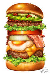 bacon burger cheese commentary cucumber cucumber_slice dated egg_(food) food food_focus fried_egg highres lettuce md5_mismatch meat miwa_nagi no_humans original resolution_mismatch signature simple_background source_smaller too_much_burger too_much_food white_background