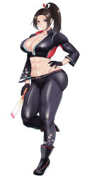 1girl abs ass black_boots black_gloves black_jacket black_pants boots breasts brown_hair cleavage closed_mouth collarbone cropped_jacket fatal_fury fatal_fury:_city_of_the_wolves female_focus floral_print full_body gloves hand_fan hand_on_own_hip high_heel_boots high_heels high_ponytail highres holding holding_fan huge_ass jacket large_breasts leather leather_jacket leather_pants looking_at_viewer midriff multicolored_boots multicolored_gloves muscular muscular_female navel pants ponytail red_boots red_gloves shiranui_mai simple_background smile snk solo teaindian thick_thighs thighs two-tone_boots two-tone_gloves white_background wide_hips