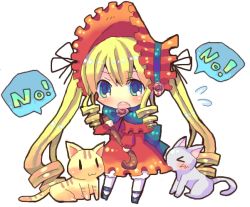 &gt;_&lt; 1girl :3 biting biting_clothes blonde_hair blue_eyes blush bonnet capelet cat chibi chocolat_(momoiro_piano) closed_eyes clothes_biting commentary dress dress_tug female_focus flying_sweatdrops lolita_fashion long_hair no open_mouth red_dress rozen_maiden shinku solo twintails very_long_hair |_|
