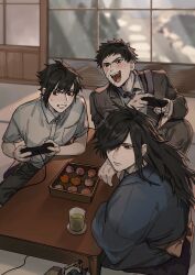 3boys black_hair commentary controller drink food hair_over_one_eye highres indoors jacket japanese_clothes joystick kimono long_hair long_sleeves male_focus multiple_boys naruto_(series) naruto_shippuuden open_mouth pants passion07253741 playing_games scar scar_on_face shirt short_sleeves sitting spiked_hair sweatdrop symbol-only_commentary teeth uchiha_madara uchiha_obito uchiha_sasuke white_shirt