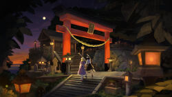 2girls absurdres black_hair black_hat black_shoes black_skirt blonde_hair blurry candle cloud danielhyeunkim depth_of_field dress fence foliage from_behind full_moon hat highres hokora_(shrine) holding_another&#039;s_wrist long_sleeves maribel_hearn moon moss multiple_girls night night_sky pointing pointing_up purple_dress red_shoes rope sash scenery shimenawa shirt shoes short_sleeves shrine sign skirt sky socks stairs stone_lantern stone_stairs stone_wall sunset torii touhou tree usami_renko white_hat white_sash white_shirt white_socks wooden_fence
