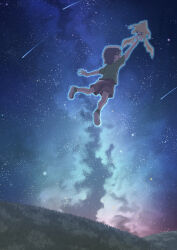 1boy absurdres arm_up commentary_request from_below gen_3_pokemon glasses glowing grass green_footwear green_shirt highres jirachi legendary_pokemon male_focus max_(pokemon) milky_way mythical_pokemon night nintendo outdoors pokemon pokemon:_jirachi:_wish_maker pokemon_(anime) pokemon_(creature) pokemon_rse_(anime) shirt shoes shooting_star short_hair short_sleeves shorts shun_(aptx4869-shellingford) sky star_(sky) starry_sky