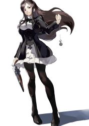 Rule 34 | 1girl, black jacket, black pantyhose, black ribbon, brown hair, dorothy (princess principal), floating hair, full body, gun, highres, holding, holding gun, holding weapon, jacket, long hair, long sleeves, miniskirt, neck ribbon, open clothes, open jacket, pantyhose, parted bangs, princess principal, red eyes, ribbon, shirt, simple background, skirt, solo, standing, straight hair, tenpikaroi, turtleneck, underbust, very long hair, weapon, white background, white shirt, white skirt