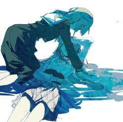 2girls bang_dream! bang_dream!_it&#039;s_mygo!!!!! blue_theme chinese_commentary commentary_request e-fa-dorn hair_ribbon highres long_hair lying multiple_girls on_back open_mouth plaid_clothes plaid_skirt pleated_skirt ribbon shirt skirt togawa_sakiko tsukino_usagi wakaba_mutsumi yuri