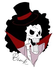 Rule 34 | 1boy, afro, black hair, brook (one piece), character name, collared shirt, hat, high collar, highres, male focus, mrjieshisu, one piece, shirt, simple background, skeleton, solo, white background