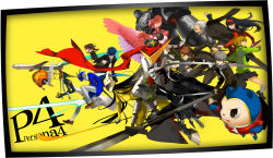 Rule 34 | 3boys, 4girls, amagi yukiko, atlus, everyone, glasses, hanamura yousuke, hat, highres, jimu kaji, kajimiya (kaji), kujikawa rise, kuma (persona 4), multiple boys, multiple girls, narukami yu, persona, persona 4, satonaka chie, school uniform, serafuku, shirogane naoto, sword, tatsumi kanji, weapon