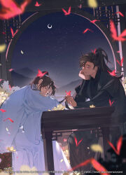 Rule 34 | 2boys, black hair, black hanfu, blurry, blurry foreground, brown hair, bug, butterfly, butterfly on hand, chinese clothes, chu wanning, closed eyes, commentary, copyright name, cowboy shot, crescent moon, crossed arms, depth of field, elbow on table, english commentary, erha he tadebai mao shizun, falling petals, flower, hanfu, head rest, high ponytail, highres, holding another&#039;s hair, insect, lattice, long sleeves, looking at another, male focus, mo ran, moon, mountain, multiple boys, night, night sky, official art, petals, ponytail, purple eyes, red butterfly, sitting, sky, sleeping, smile, star (sky), suto (sakumaaritsu), table, white hanfu, wide sleeves, yaoi, yellow flower