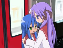 00s 2girls blow blue_eyes blue_hair green_eyes hiiragi_kagami izumi_konata long_hair lucky_star mountain_pukuichi multiple_girls purple_hair ryouou_school_uniform school_uniform serafuku tears train