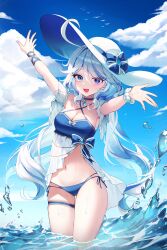 1girl :d absurdres ahoge alternate_costume bikini blue_bikini blue_eyes blue_gemstone blue_hair blue_pupils blue_sky breasts cleavage cloud collarbone commentary furina_(genshin_impact) gem genshin_impact hair_between_eyes heterochromia highres long_hair looking_at_viewer medium_breasts multicolored_hair navel open_mouth outdoors outstretched_arms scrunchie side-tie_bikini_bottom simple_bird sky smile solo soymilk_arts2 stomach streaked_hair swimsuit teardrop-shaped_gem thigh_strap very_long_hair wading water wet white_hair white_scrunchie wide_brim