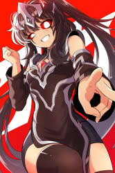 1girl :d bike_shorts black_dress black_gemstone black_hair black_shorts black_sleeves black_thighhighs blush breasts character_name color_timer colored_sclera commentary cowboy_shot dark_persona detached_sleeves dress evil_grin evil_smile facial_mark fingernails forehead_jewel gem genderswap genderswap_(mtf) ginga_no_kou grin guil_arc hair_between_eyes hand_up headgear highres humanization knee_up light_blush long_hair looking_at_viewer medium_dress multicolored_dress open_mouth red_background red_sclera shorts shorts_under_dress side_slit silver_dress sleeveless sleeveless_dress small_breasts smile solo thighhighs thighs tokusatsu twintails ultra_series ultraman_arc_(series) v very_long_hair white_eyes