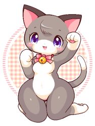 1girl animal_ears animal_hands bell blush_stickers bow bowtie breasts cat_ears cat_girl cat_tail commentary completely_nude furry furry_female grey_fur jaggy_lines jingle_bell kneeling looking_at_viewer lowres no_nipples no_pussy nude oekaki original paw_pose pink_bow pink_bowtie purple_eyes shortstack small_breasts solo tail takiune thick_thighs thighs white_background wide_hips