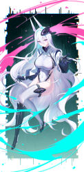 1girl absurdres aqua_pupils asymmetrical_legwear azur_lane black_background black_boots black_gloves black_thighhighs boots border breasts closed_mouth clothing_cutout commentary_request covered_navel cropped_jacket full_body glitch gloves green_hair hair_between_eyes hair_ornament headgear highleg highleg_leotard highres horns impossible_clothes impossible_leotard jacket kearsarge_(azur_lane) large_breasts leotard long_hair long_sleeves looking_at_viewer mechanical_gloves mechanical_horns mismatched_legwear multicolored_gloves multicolored_hair multicolored_leotard purple_eyes reaching rubisco sideless_leotard simple_background solo streaked_hair taut_leotard thigh_boots thighhighs thighs thong_leotard two-tone_gloves two-tone_leotard very_long_hair white_border white_hair white_jacket white_leotard white_thighhighs