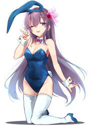 Rule 34 | 1girl, alternate costume, animal ears, blue leotard, bow, bowtie, breasts, detached collar, fake animal ears, hair ornament, highres, kantai collection, kisaragi (kancolle), leotard, long hair, looking at viewer, medium breasts, minosu, one eye closed, open mouth, playboy bunny, purple bow, purple bowtie, purple eyes, purple hair, rabbit ears, rabbit tail, simple background, solo, strapless, strapless leotard, tail, thighhighs, v, white background, white thighhighs, wrist cuffs