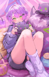 1girl absurdres bibi_(tokoyami_towa) blush braid braided_bun closed_mouth curtains demon_tail double_bun ear_piercing fingernails green_eyes hair_bun hair_intakes hair_ornament hairclip handheld_game_console heart heart_hair_ornament highres holding holding_handheld_game_console hololive jacket knees_up long_hair long_sleeves looking_at_viewer mouth_hold multicolored_hair nail_polish piercing pink_hair pink_tail purple_hair purple_jacket purple_shorts purple_tail shorts smile solo tail thighs tokoyami_towa two-tone_hair virtual_youtuber window y&#039;=&#039;y