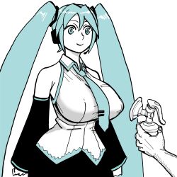 Rule 34 | 1boy, 1girl, absurdres, alternate breast size, aqua eyes, aqua hair, bb (baalbuddy), breast pump, detached sleeves, hatsune miku, headset, highres, long hair, milking machine, necktie, solo focus, twintails, very long hair, vocaloid, white background