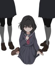 Rule 34 | 3girls, ahoge, alternate hair color, black hair, black sailor collar, black shirt, black skirt, brown footwear, closed mouth, collarbone, commentary request, crying, crying with eyes open, hair between eyes, hair intakes, hand up, highres, idolmaster, idolmaster cinderella girls, kakki (kackie), kneehighs, loafers, long skirt, looking down, medium hair, multiple girls, neckerchief, pink eyes, pleated skirt, red neckerchief, sailor collar, shirt, shoes, simple background, sitting, skirt, socks, solo focus, tears, wariza, white background, white socks, yumemi riamu