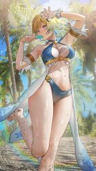 1girl absurdres armlet bikini blonde_hair blue_bikini blue_eyes blue_hair blue_sky breasts cleavage cloud commission earrings fire_emblem fire_emblem_heroes fjorm_(fire_emblem) fjorm_(summer)_(fire_emblem) food food_in_mouth gradient_hair highres holding holding_food holding_popsicle jewelry looking_at_viewer medium_breasts multicolored_hair nanaken_nana navel nintendo official_alternate_costume outdoors popsicle popsicle_in_mouth second-party_source short_hair skeb_commission sky solo standing standing_on_one_leg sunlight swimsuit two-tone_hair