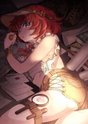 Rule 34 | 1girl, absurdres, anzai miyako, araragi uminya, ass, bow, bowtie, center frills, crop top, cropped shirt, cross-laced clothes, cross-laced shorts, cross-laced top, fingernails, frills, highres, idolmaster, idolmaster cinderella girls, letter, looking at viewer, magnifying glass, paper, red bow, red bowtie, red hair, scroll, shirt, short hair, short shorts, shorts, solo, thighs, underbutt, visor cap, white shirt, wristband