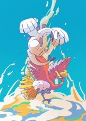 bird blue_background blue_sky cloud colored_skin creatures_(company) eye_contact feathers flying game_freak gen_2_pokemon green_feathers hand_wings highres ho-oh large_hands legendary_pokemon looking_at_another looking_down looking_up lugia milkshreds multicolored_feathers nintendo no_humans open_mouth pokemon pokemon_(creature) pokemon_focus red_eyes red_feathers sky spines tail white_feathers white_skin white_wings wings yellow_feathers