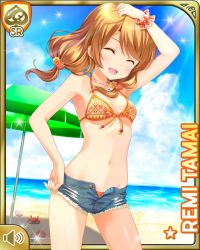 1girl :d arms_up beach bikini bikini_top_only brown_eyes brown_hair card_(medium) character_name cowboy_shot day denim denim_shorts closed_eyes girlfriend_(kari) legs_apart looking_at_viewer low_twintails ocean official_art open_mouth orange_bikini outdoors qp:flapper sand short_shorts shorts sky smile solo standing swimsuit tamai_remi thighs twintails water