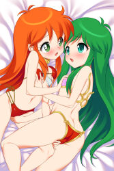 Rule 34 | 2girls, armor, ass, ayanokouji rem, bare shoulders, bikini, bikini armor, blush, breasts, butt crack, cameltoe, caron (rall), commission, commissioner upload, crossover, dream hunter rem, eye contact, face-to-face, fingering, fugetsu taku, grabbing another&#039;s breast, green eyes, green hair, groping, highres, kneepits, legs, long hair, looking at another, lying, multiple girls, mutual fingering, mutual masturbation, navel, on side, open mouth, orange hair, sf choujigen densetsu rall, side-tie bikini bottom, skeb commission, small breasts, stomach, swimsuit, thighs, trait connection, yuri