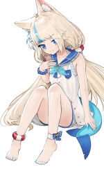 1girl absurdres advarcher animal_ears barefoot blonde_hair blue_eyes blue_nails blue_streaks cat_ears closed_mouth dress fins fish_tail highres indie_virtual_youtuber lifebuoy_hair_ornament long_hair looking_at_viewer low_twintails nail_polish sailor_dress sameko_saba simple_background solo tail toenail_polish toenails twintails virtual_youtuber white_background white_dress wristband