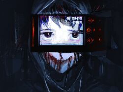 Rule 34 | 1boy, bags under eyes, black gloves, black hair, black hoodie, blood, blood on face, c1grhin, camcorder, camera, canvas texture, carved skin, colored tips, cry of fear, dark, evil smile, gloves, highres, holding, holding camera, hood, hood up, hoodie, male focus, monitor, multicolored hair, red eyes, red light, simon henriksson, smile, solo, taking picture, video camera, zoom layer