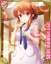 1girl :o apron blue_necktie breasts brown_eyes brown_hair card_(medium) character_name cleavage collarbone dress girlfriend_(kari) hair_bun indoors kawakami_seri long_hair looking_at_viewer medium_breasts necktie official_art open_mouth pink_dress qp:flapper short_sleeves single_hair_bun solo sparkle standing tagme white_apron