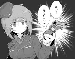 Rule 34 | 10s, 1girl, beretta 92, commentary, dress shirt, female focus, garrison cap, girls und panzer, greyscale, gun, handgun, hat, henyaan (oreizm), holding, holding weapon, jacket, kuromorimine military uniform, looking at viewer, military, military uniform, monochrome, nishizumi miho, shirt, solo, tearing up, upper body, weapon