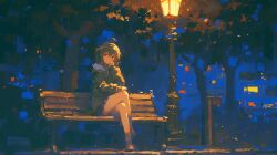 1girl ahoge arm_on_knee bench black_coat black_shoes black_socks blue_skirt brown_hair closed_mouth coat commentary_request crossed_legs dot_mouth double-parted_bangs elbow_rest expressionless faux_traditional_media hair_between_eyes hand_on_own_face lamppost long_bangs medium_hair miniskirt mk103781220 night no_nose original outdoors park_bench red_eyes shoes sitting skirt socks solo tree wide_shot wooden_bench
