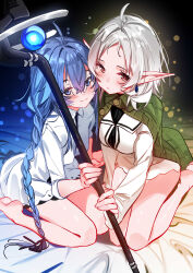 2girls absurdres ahoge bare_legs barefoot bed bed_sheet blue_earrings blue_eyes blue_hair blush braid breasts collared_dress colorized dot_nose dress earrings elf female_focus flat_chest green_sweater highres jewelry kneeling legs long_ears long_hair long_sleeves looking_at_viewer magic_staff multiple_girls mushoku_tensei petite pointy_ears red_eyes roxy_migurdia short_hair skirt small_breasts staff sweater sydus sylphiette_(mushoku_tensei) thighs twin_braids very_long_hair white_dress white_hair white_skirt