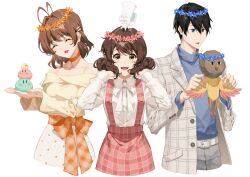 Rule 34 | 1boy, 2girls, black hair, blue eyes, blue shirt, brown eyes, brown hair, cheese kang, dango daikazoku, dress, free!, grey pants, hibike! euphonium, jacket, looking at viewer, multiple girls, nanase haruka (free!), oumae kumiko, oumae mamiko, pants, plaid clothes, plaid skirt, red dress, shirt, skirt, smile, tuba-kun, white background, white jacket, white shirt, white skirt, yellow shirt