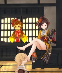 1boy 1girl absurdres aether_(genshin_impact) barefoot brown_hair chiori_(genshin_impact) crossed_legs ez2dj1943 feet foot_worship genshin_impact highres licking_foot long_hair red_eyes shoes single_shoe soles tamoto_(genshin_impact) tatami toes unworn_shoes