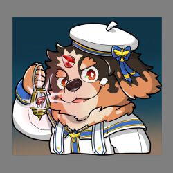 1boy animal_ears bandaid bandaid_on_cheek bandaid_on_face beret carbuncle_(housamo) chibi commentary diamond-shaped_pupils diamond_(shape) dog_boy dog_ears english_commentary forehead_jewel furry furry_male gem hat highres holding_lamp looking_at_viewer male_focus red_eyes shirt smile symbol-shaped_pupils tokyo_houkago_summoners upper_body white_shirt yojanmarrion