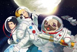 2boys afro animal apo astronaut black_hair blonde_hair dog earth_(planet) floating full_moon logo male_focus moon multiple_boys nanba_hibito nanba_mutta nasa_logo necktie pet planet pug r.n rocket science_fiction smile space space_station spacesuit star_(symbol) sun uchuu_kyoudai