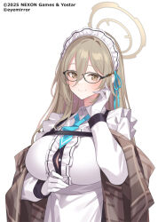 1girl akane_(blue_archive) apron aqua_necktie aqua_ribbon black-framed_eyewear blue_archive blush breasts brown_eyes brown_hair brown_halo brown_scarf checkered_clothes checkered_scarf collared_shirt double-parted_bangs gloves hair_ribbon halo hand_on_own_face huge_breasts large_breasts long_hair long_sleeves maid maid_headdress necktie official_art partially_unbuttoned popqn promotional_art ribbon scarf shirt smile solo unbuttoned unbuttoned_shirt white_gloves